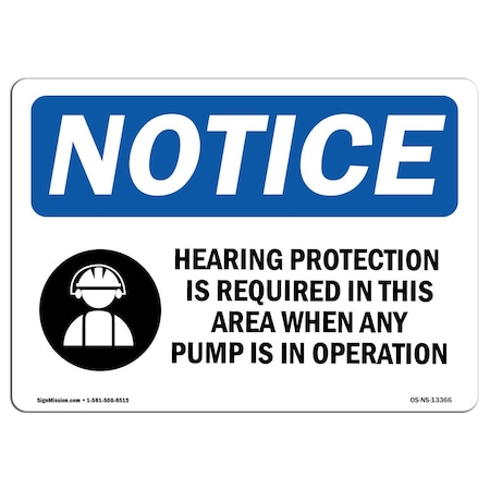 OSHA Notice Sign, Hearing Protection Is Required With Symbol, 14in X 10in Decal